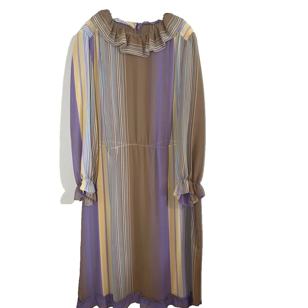 Vintage Handmade Striped Ruffle Neck Dress 22 Retro Mod Colorful 1970s Earthy